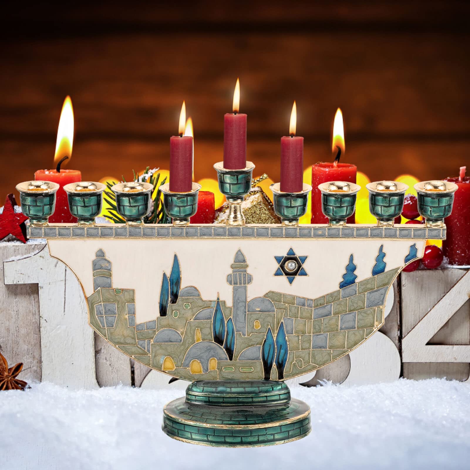 Candle Holder Decor - Jeruzalem Menora Hanukkah Kaarsenhouder 9-armig Emaille