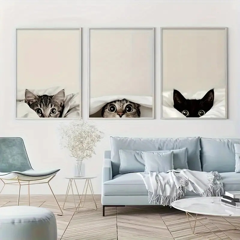 Abstract Canvas Set - 3-delige set canvasprints met kijkende katten